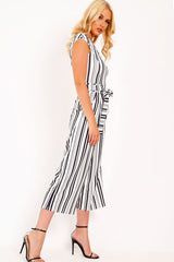 Black And White Stripe Bardot V Dip Jumpsuit - Lisah-Jumpsuits