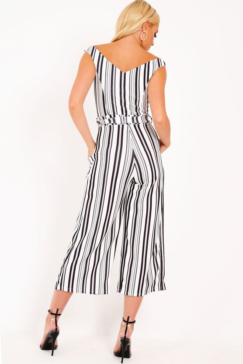 Black And White Stripe Bardot V Dip Jumpsuit - Lisah-Jumpsuits