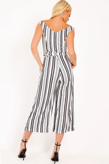 Black And White Stripe Bardot V Dip Jumpsuit - Lisah-Jumpsuits