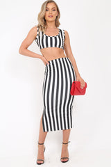 Black And White Stripe Body Con Skirt And Crop Top Co-Ord - Loyola-Co-ords