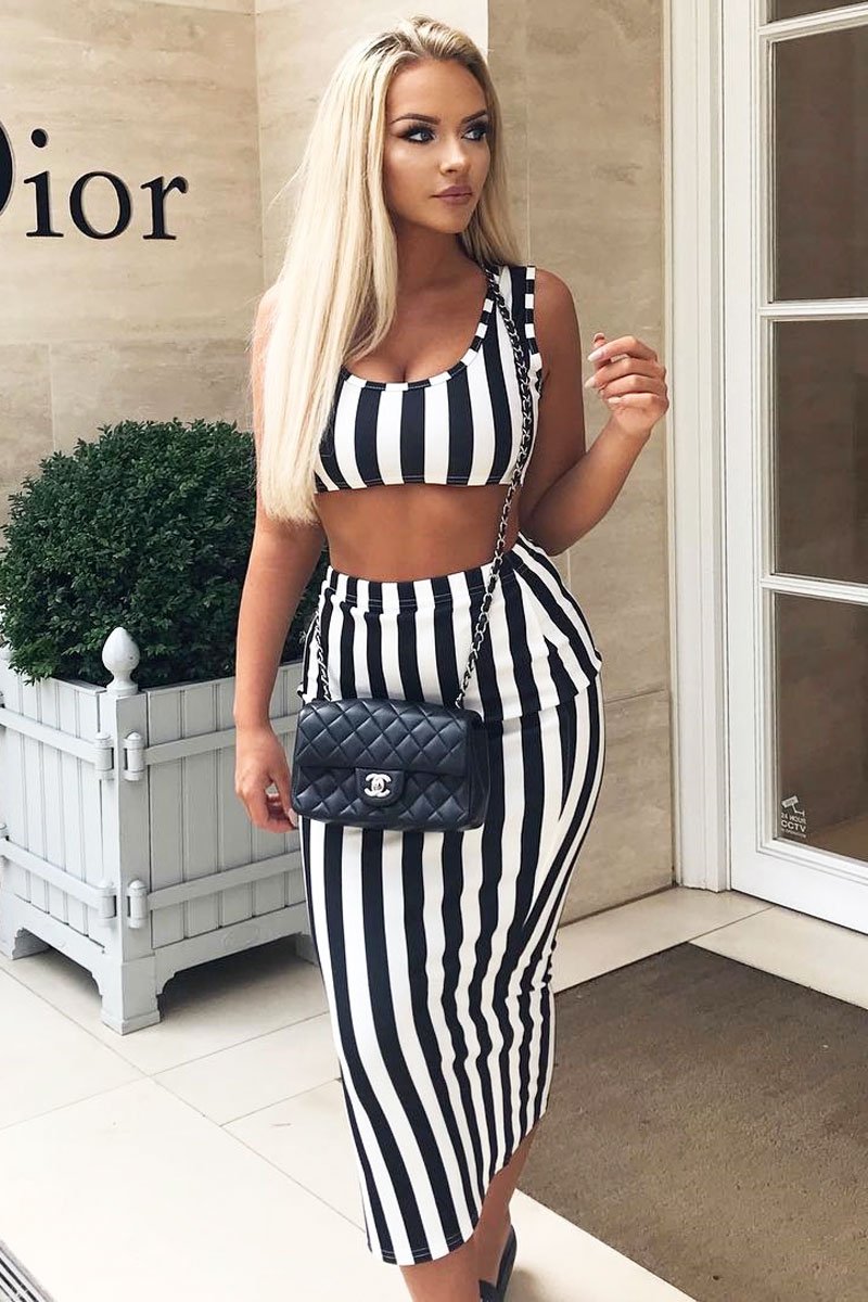 Black And White Stripe Body Con Skirt And Crop Top Co-Ord - Loyola-Co-ords