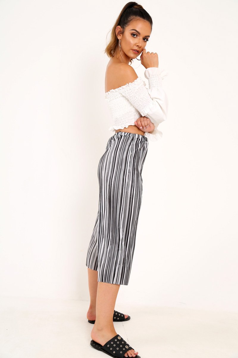 Black And White Stripe Crepe Culottes - Ghada-Trousers