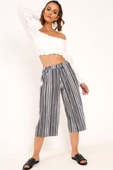Black And White Stripe Crepe Culottes - Ghada-Trousers