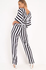 Black And White Stripe Kimono Sleeve Jumpsuit - Pilar-Jumpsuits