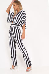 Black And White Stripe Kimono Sleeve Jumpsuit - Pilar-Jumpsuits