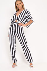 Black And White Stripe Kimono Sleeve Jumpsuit - Pilar-Jumpsuits
