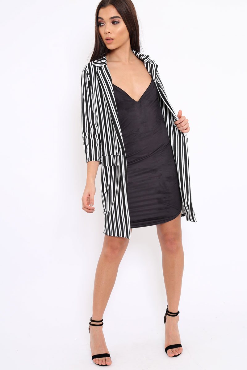 Black And White Stripe Long Blazer - Zunaira-Jackets