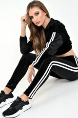 Black And White Stripe Velour Cropped Tracksuit - Deymi-Loungewear