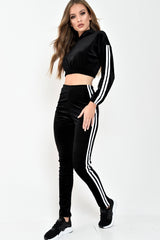 Black And White Stripe Velour Cropped Tracksuit - Deymi-Loungewear