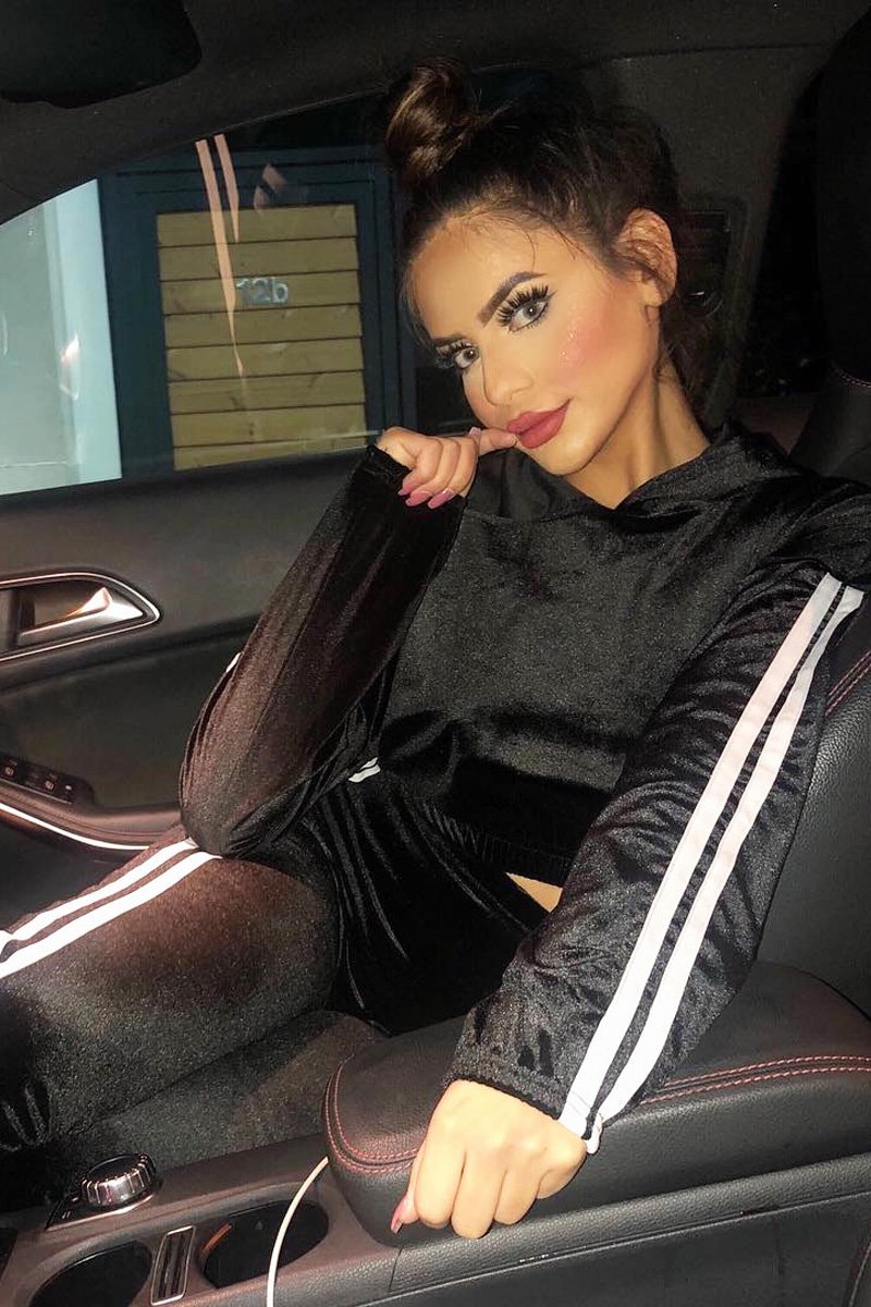 Black And White Stripe Velour Cropped Tracksuit - Deymi-Loungewear
