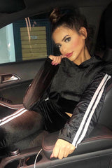 Black And White Stripe Velour Cropped Tracksuit - Deymi-Loungewear