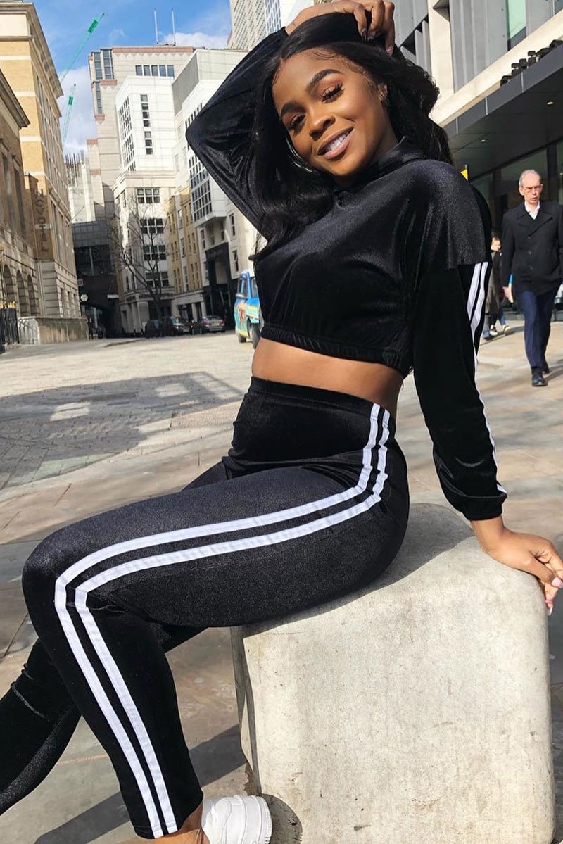 Black And White Stripe Velour Cropped Tracksuit - Deymi-Loungewear
