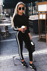 Black And White Stripe Velour Cropped Tracksuit - Deymi-Loungewear