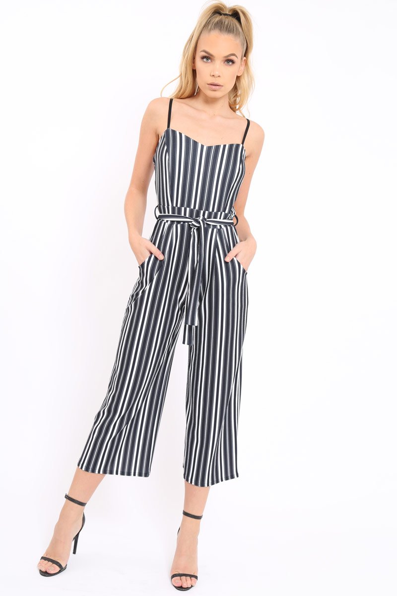 Black And White Striped Culotte Jumpsuit - Miller-Jumpsuits