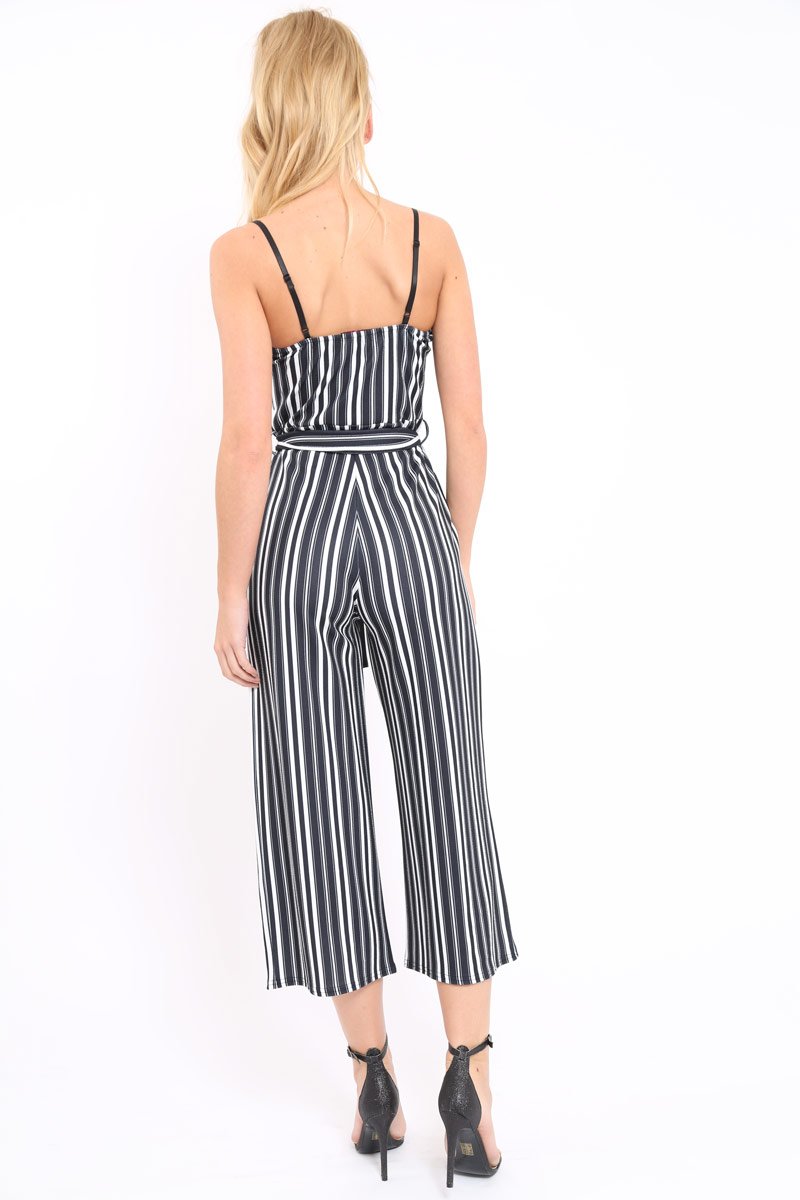 Black And White Striped Culotte Jumpsuit - Miller-Jumpsuits