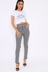 Black And White Striped Straight Leg Trousers - Bryanny-Trousers