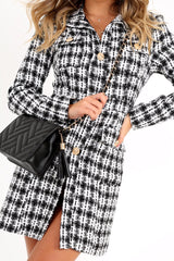 Black And White Tweed Gold Button Longline Jacket - Madalynn-Jackets
