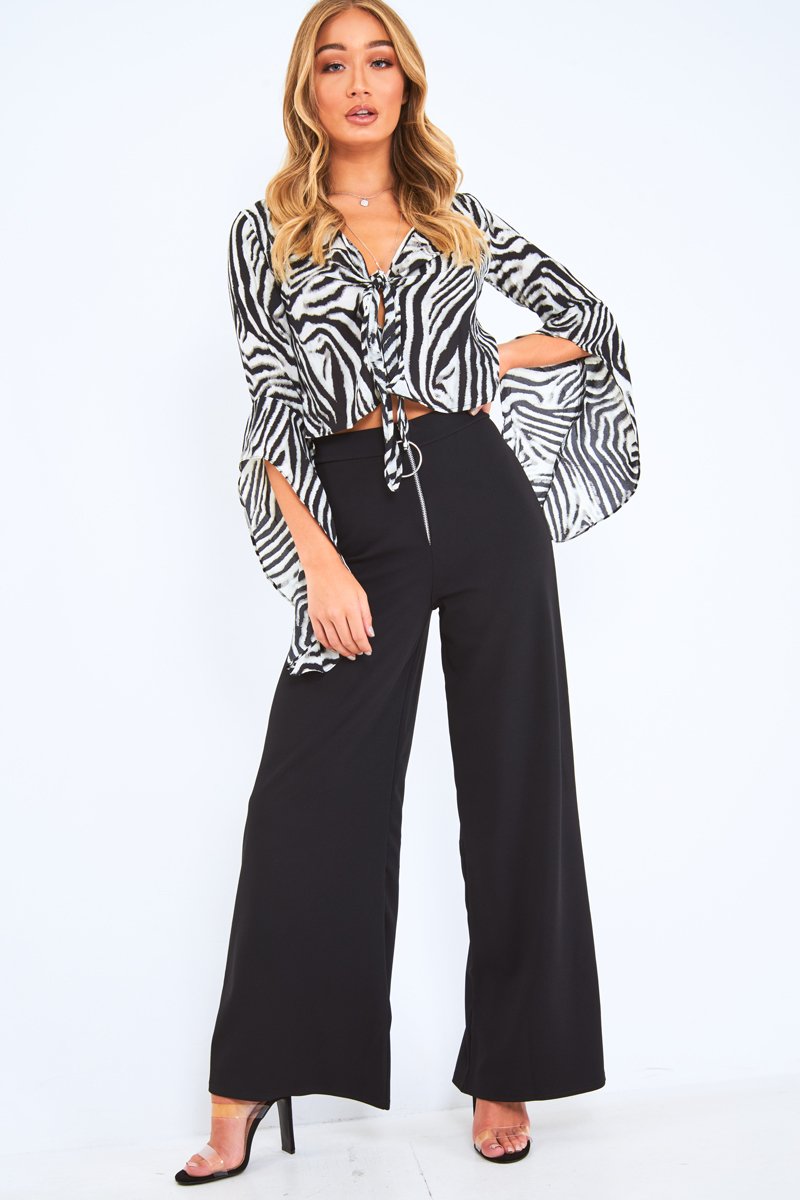 Black And White Zebra Tie Front Top - Adelei-Crop Tops