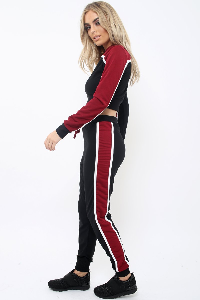 Black And Wine Colour Block Tracksuit - Adryanna-Loungewear