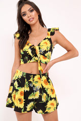Black And Yellow Floral Tie Front Crop Top and Short Co-ord - Edris-Co-ords