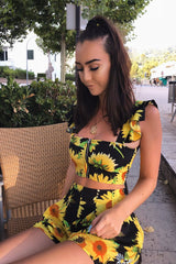 Black And Yellow Floral Tie Front Crop Top and Short Co-ord - Edris-Co-ords