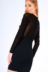Black Applique Mesh Long Sleeve Bodycon Dress - Georgina-Dresses