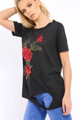 Black Applique Slashed Over Sized T-Shirt - Louella-Tops