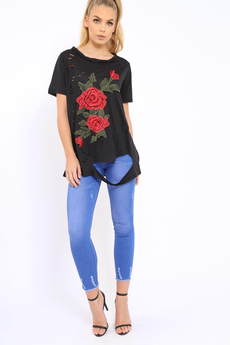 Black Applique Slashed Over Sized T-Shirt - Louella-Tops
