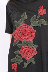 Black Applique Slashed Over Sized T-Shirt - Louella-Tops