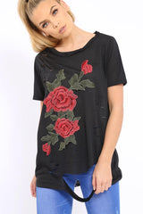 Black Applique Slashed Over Sized T-Shirt - Louella-Tops