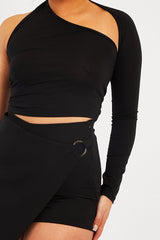 Black Asymmetric One Sleeve Crop Top - Matylda-Tops