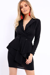 Black Asymmetrical Front Detail Fitted Blazer Dress - Audrey-Dresses