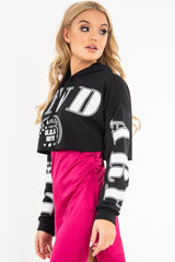 Black Athletic Slogan Crop Raw Hem Hoodie - Jersie-Hoodies