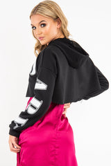 Black Athletic Slogan Crop Raw Hem Hoodie - Jersie-Hoodies