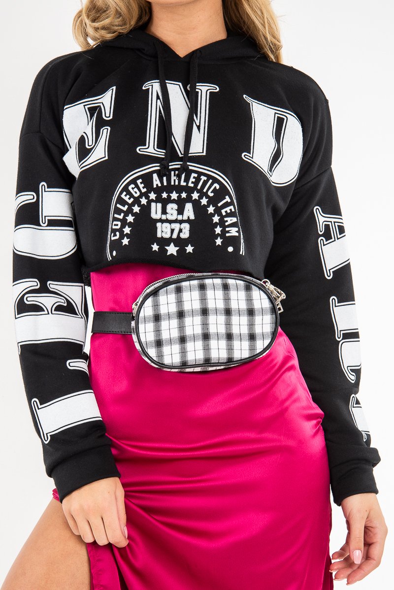 Black Athletic Slogan Crop Raw Hem Hoodie - Jersie-Hoodies