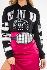 Black Athletic Slogan Crop Raw Hem Hoodie - Jersie-Hoodies