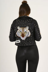Black Badge Detail Studded Leather Jacket - Leslie-Jackets