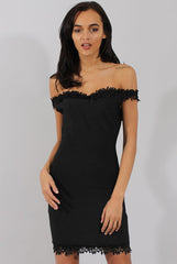 Black Bandage Bardot Crochet Trim Dress - Stasia-Dresses