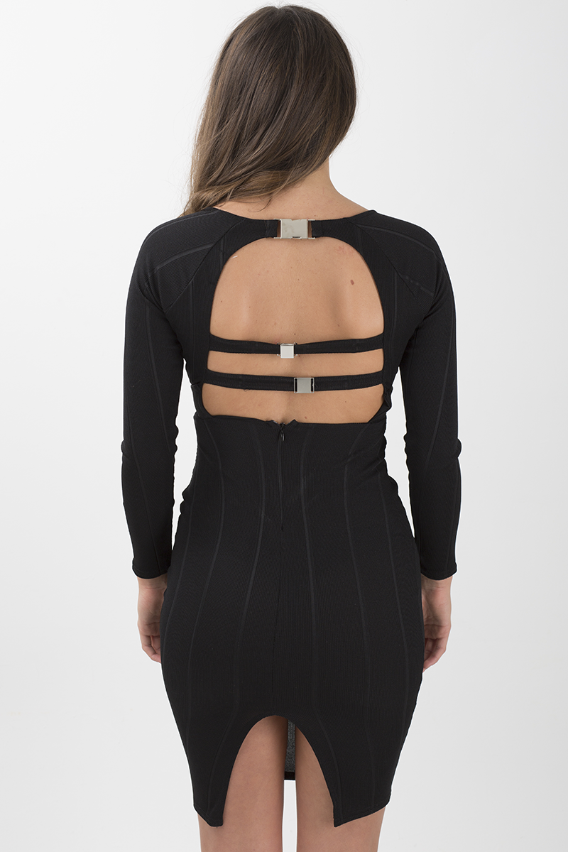 Black Bandage Bodycon Buckle Detail Midi Dress - Ella-Dresses