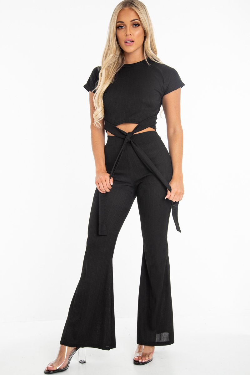 Black Bandage Rib Tie Waist T-Shirt Trousers Co-Ord - Kalise-Co-ords