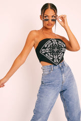 Black Bandana Scarf Print Crop Top - Jacquelin-Crop Tops
