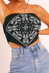 Black Bandana Scarf Print Crop Top - Jacquelin-Crop Tops