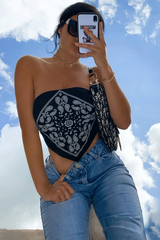 Black Bandana Scarf Print Crop Top - Jacquelin-Crop Tops