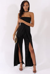 Black Bandeau Choker Split Detail Jumpsuit - Rosy-Jumpsuits