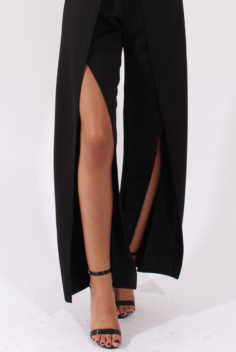 Black Bandeau Choker Split Detail Jumpsuit - Rosy-Jumpsuits