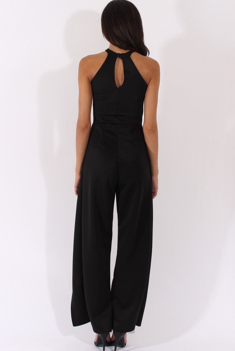 Black Bandeau Choker Split Detail Jumpsuit - Rosy-Jumpsuits
