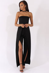 Black Bandeau Choker Split Detail Jumpsuit - Rosy-Jumpsuits