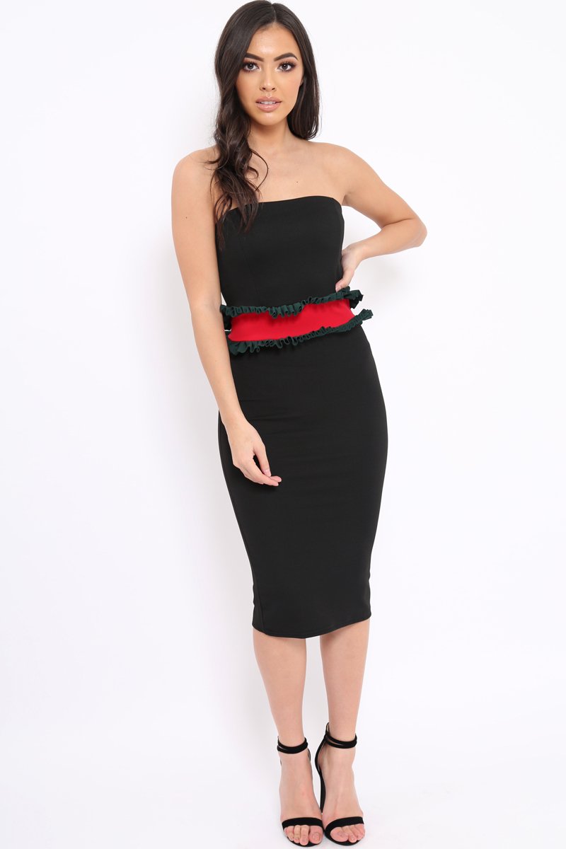 Black Bandeau Ruffle Midi Dress - Leigh-Dresses