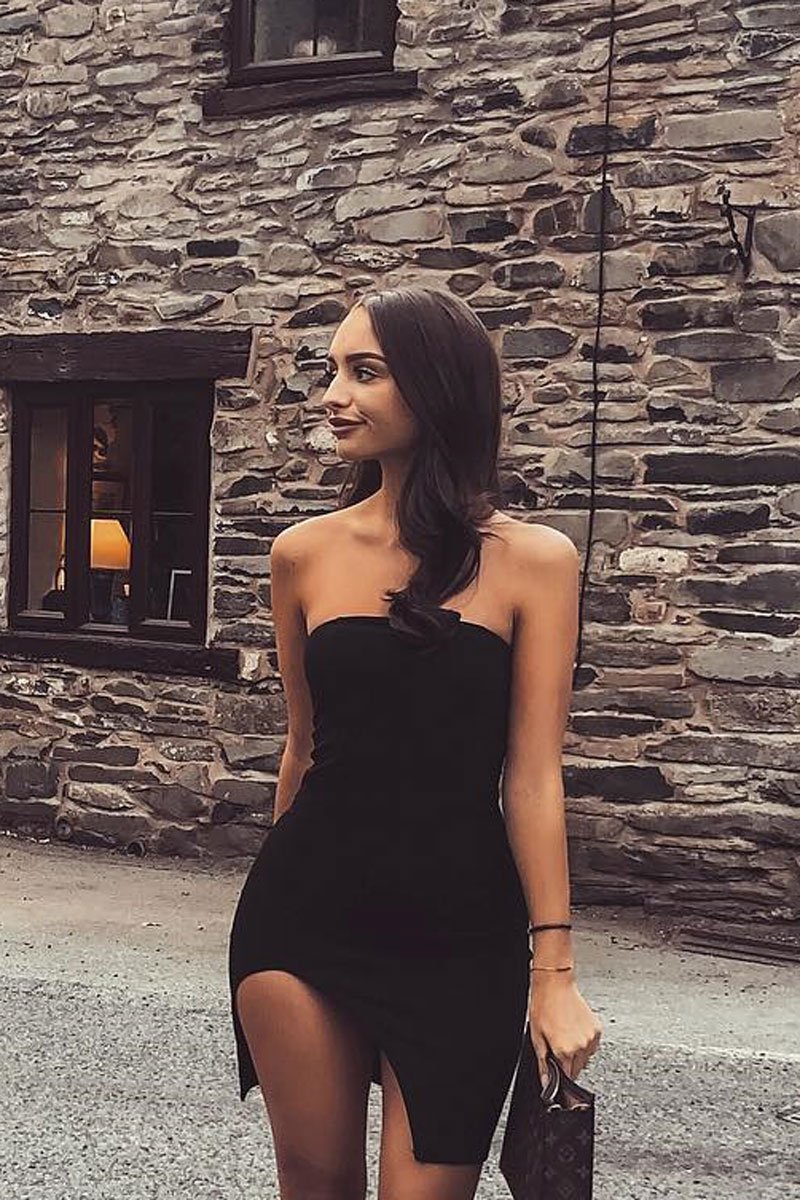 Black Bandeau Split Leg Bodycon Dress - Galia-Dresses