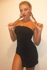 Black Bandeau Split Leg Bodycon Dress - Galia-Dresses